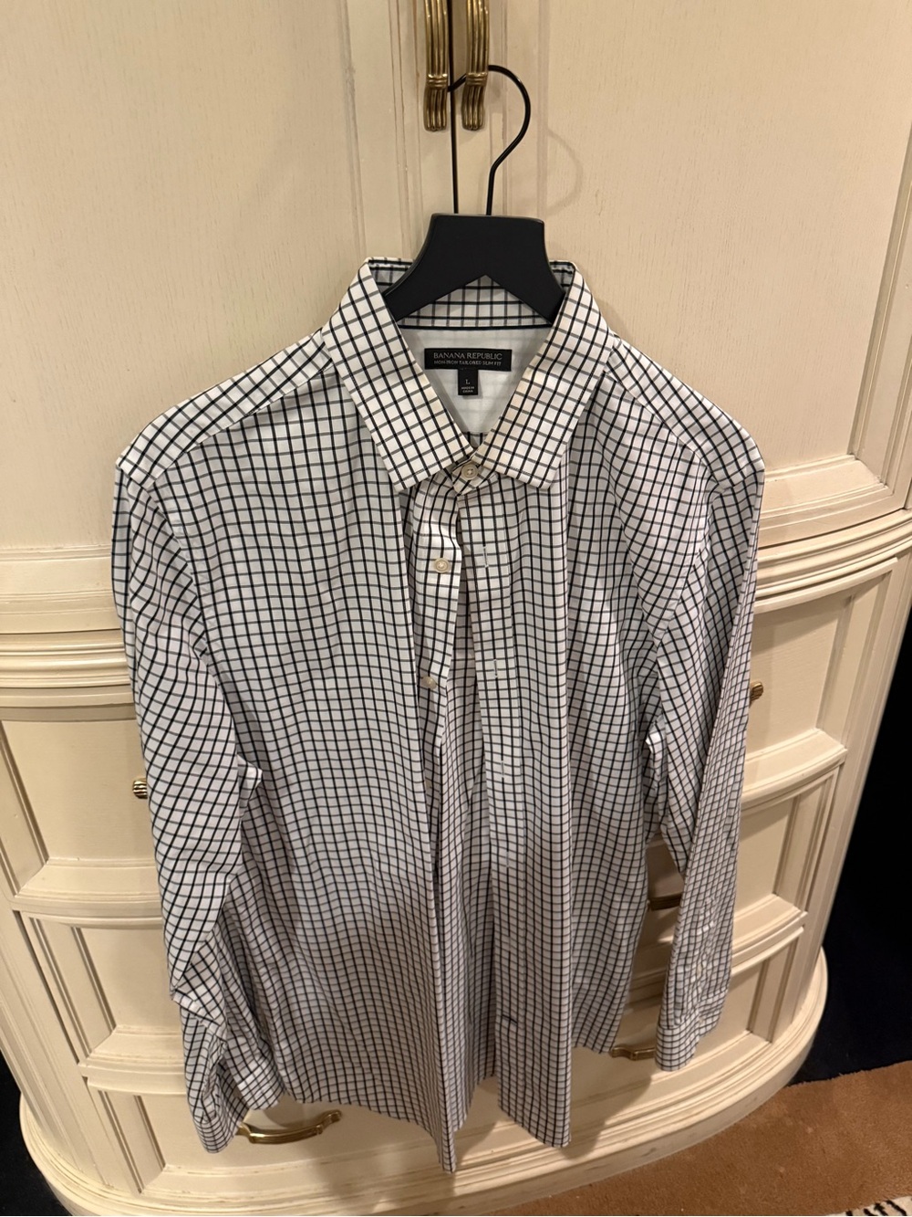 Banana Republic Men's White Dress Shirt with Black Windowpane Check